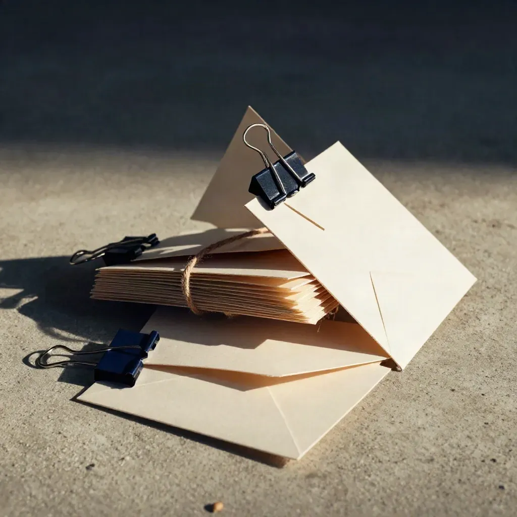 Overhead chain of outreach cards, clips and string-tied envelopes spilling across brushed concrete.
