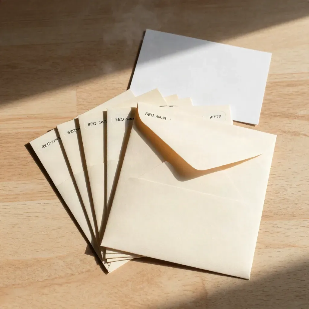 SEO audit cards and sealed envelope set on pale wood in a premium studio flat lay