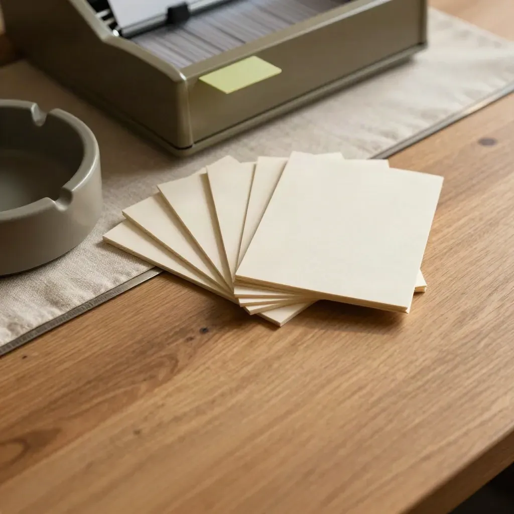 Oak surface with blank cards and tray, soft upper-left light, calm copy space